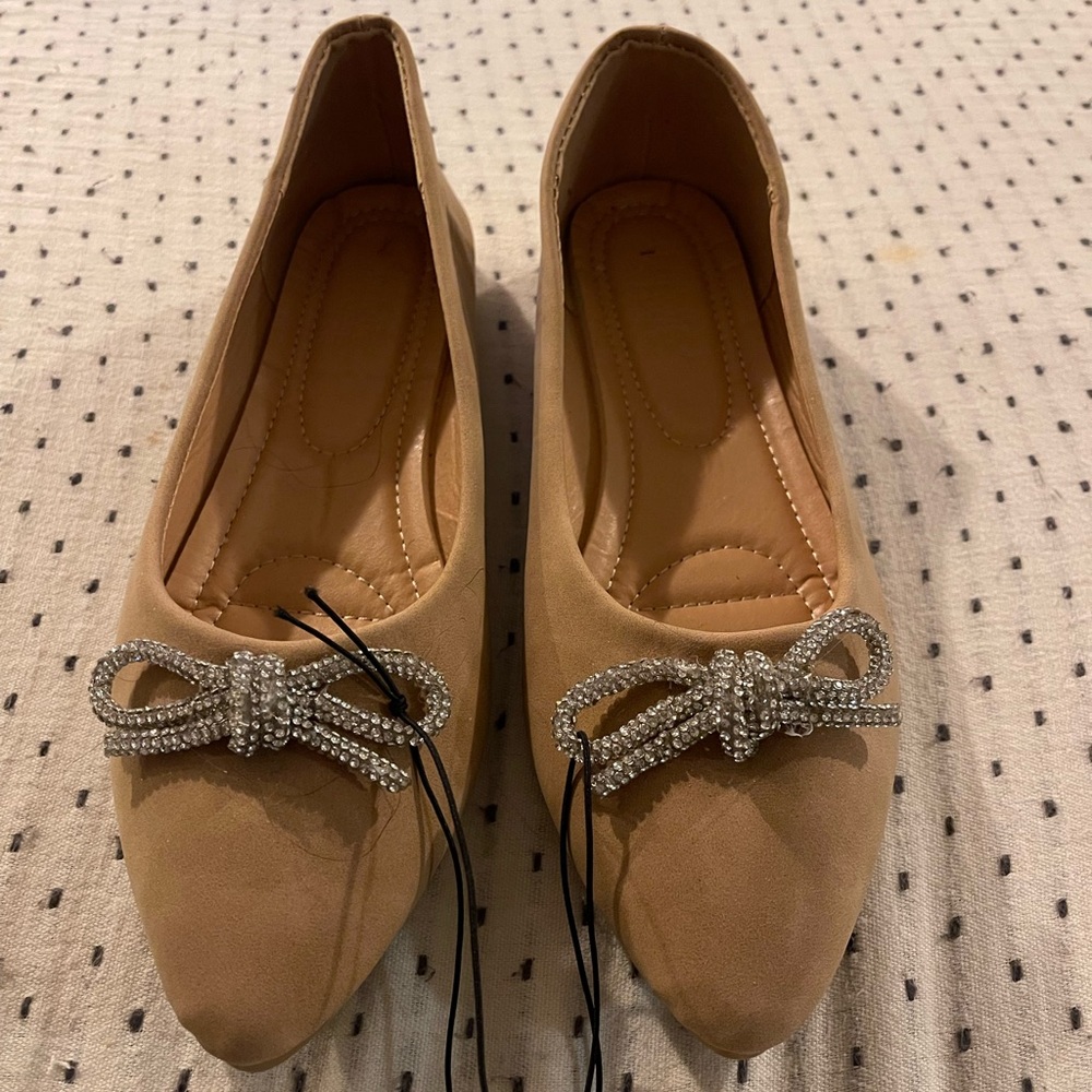 NWT Tan Flats w/ Sparkle Bow Detail